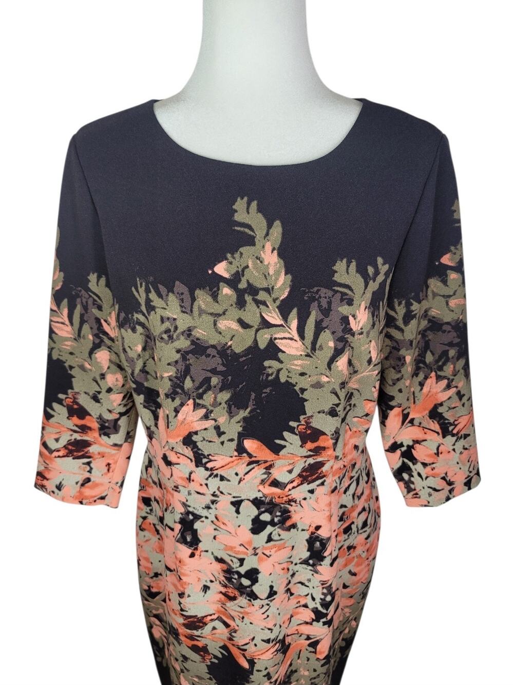 ALEX MARIE Black, Coral and Tan Floral Print Sheath Midi Dress 3/4 Sleeves Sz 12